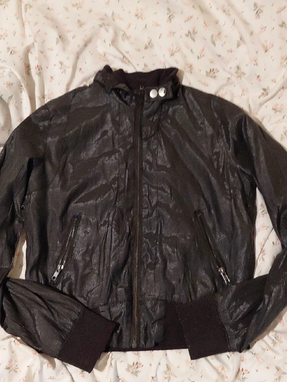 Large Iris Basic Black Shiny Bomber Jacket